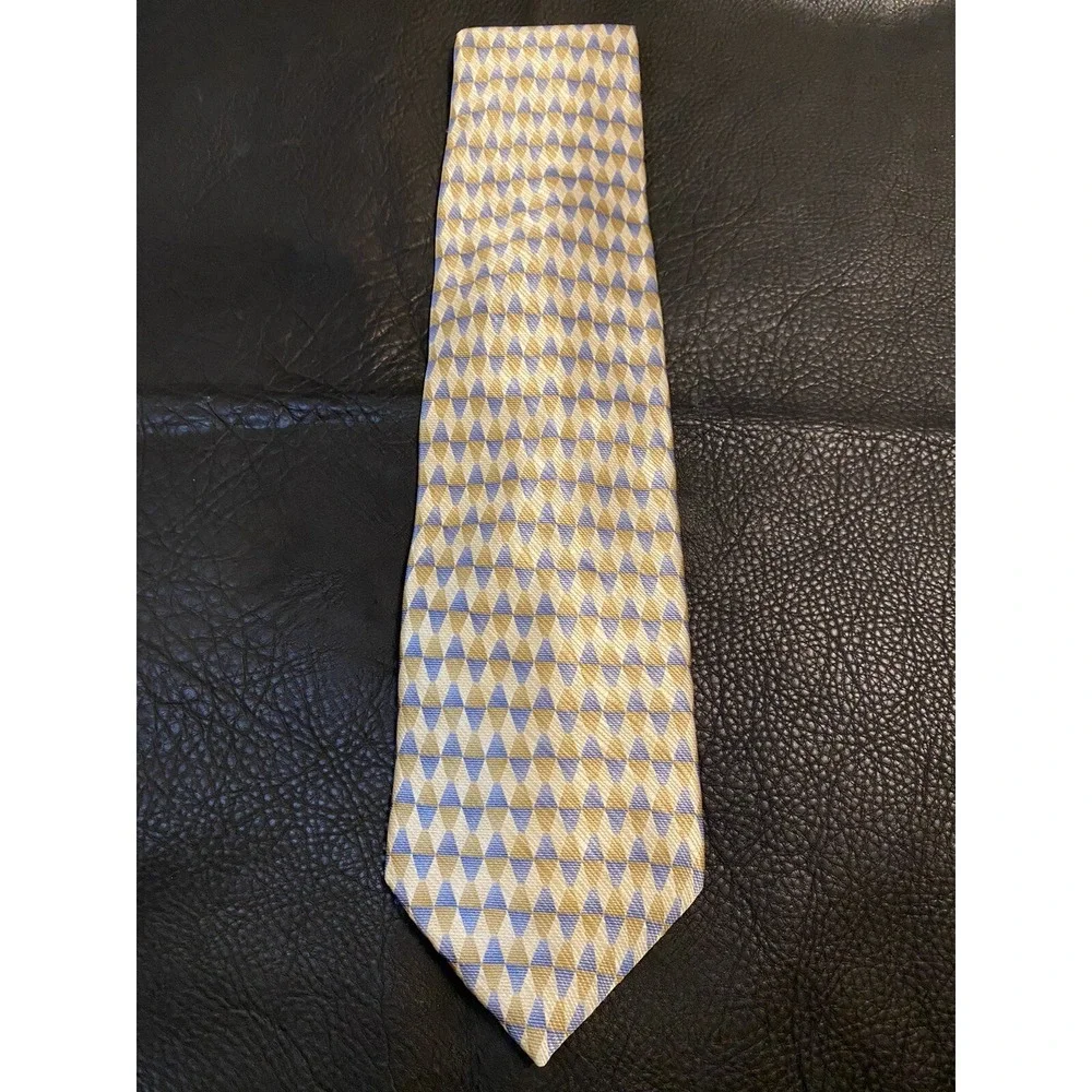 Mens Stanford Geometric Golden Tan Blue Neck Silk Tie 58